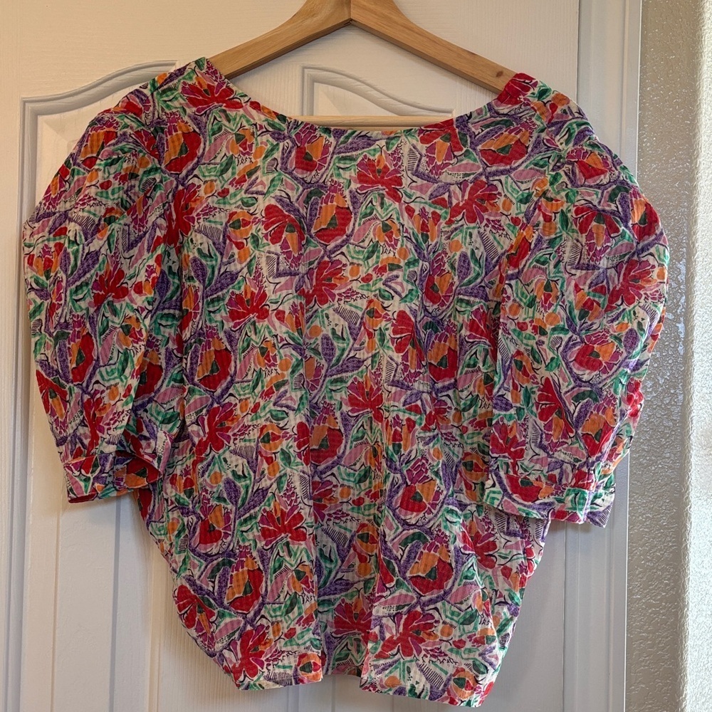 ba&sh Amael Multicolor Floral Print Blouse With Short Puff Sleeves- NWT